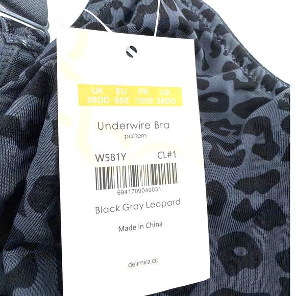 Delimira Women's Black Gray Leopard Minimiser Underwire Bra Size 38DD - Picture 4 of 8